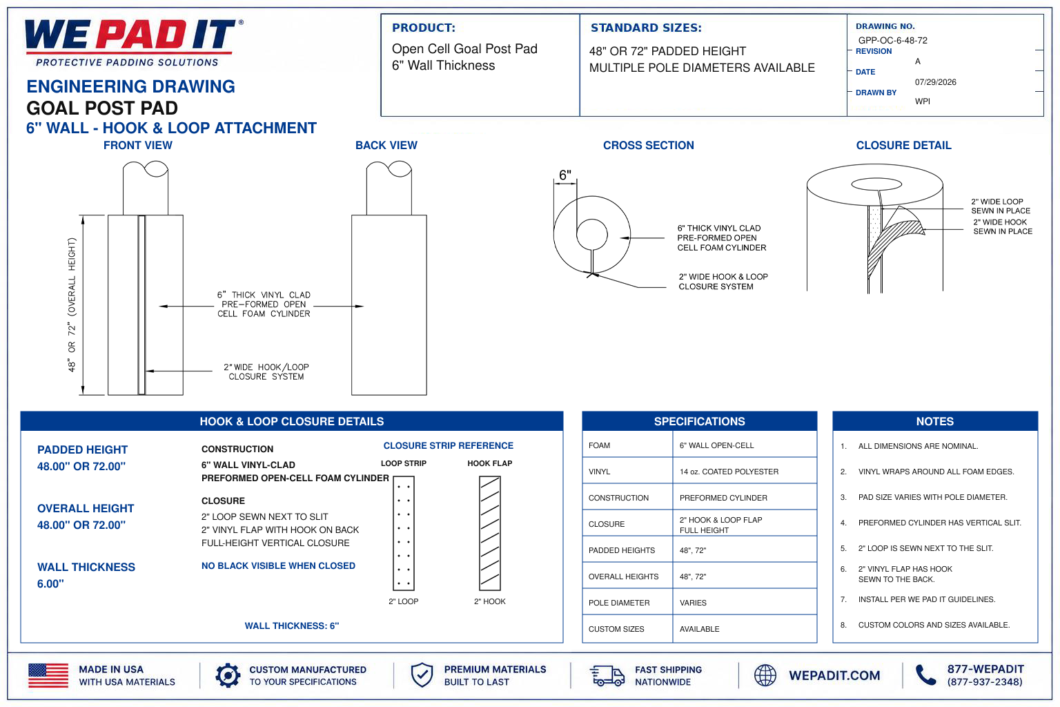 6" Open-Cell Goal Post Pad