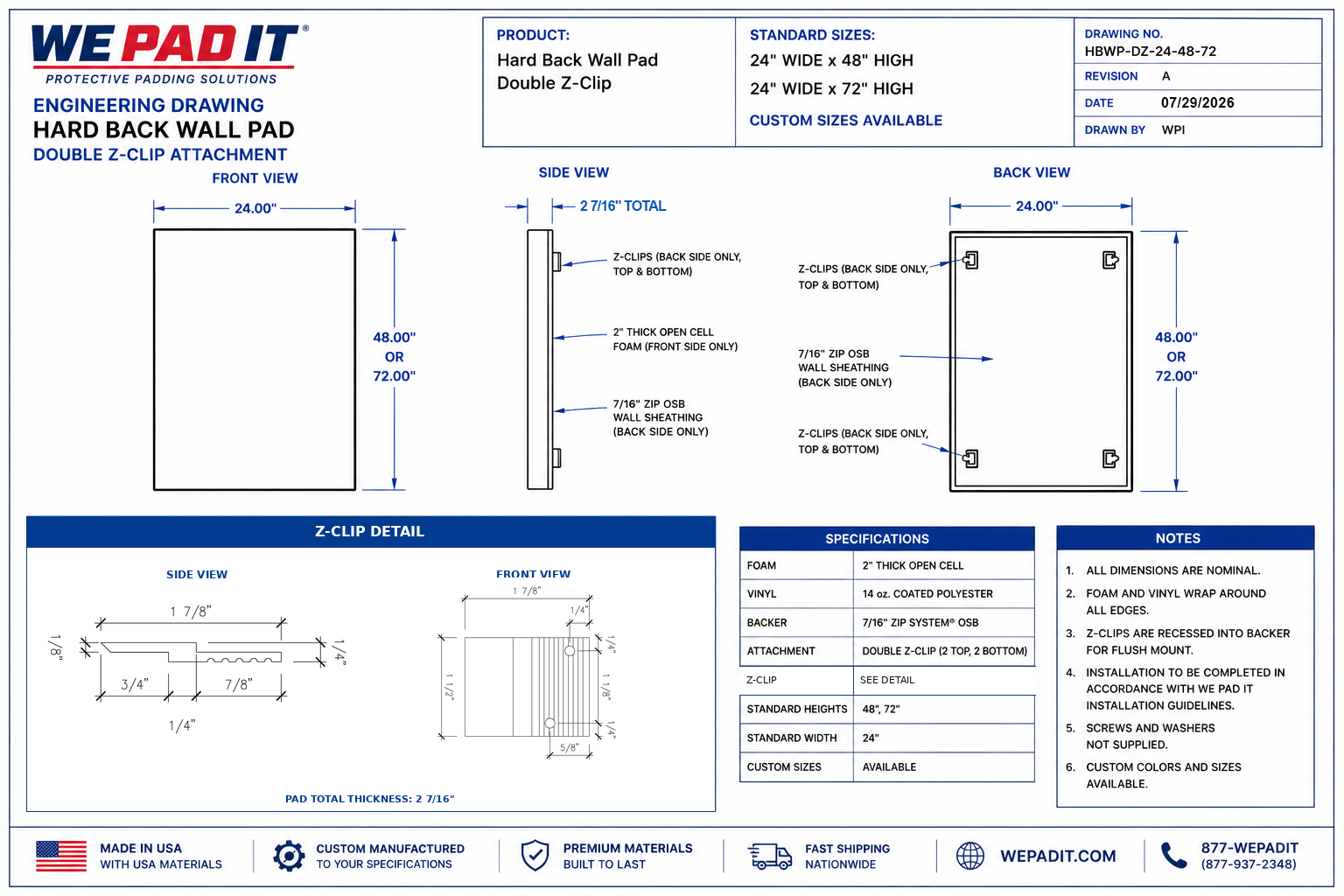 Hard Back Wall Pad | 2" Open-Cell Foam | Custom Made