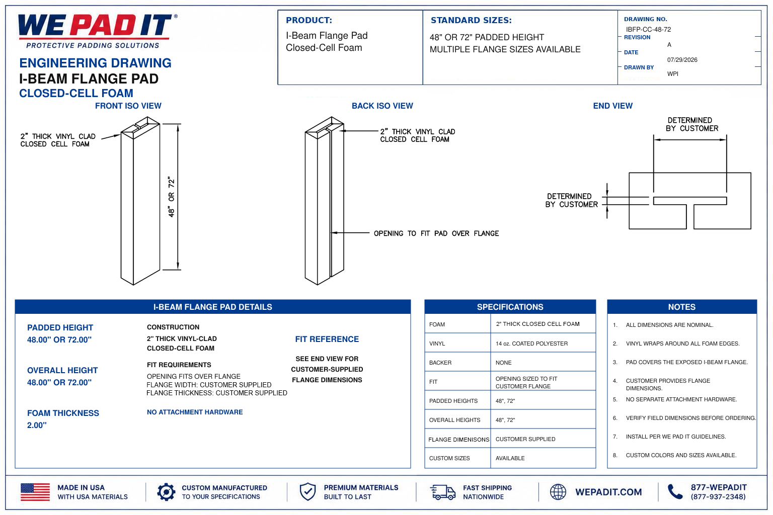I-Beam Flange Pad — Closed-Cell Foam