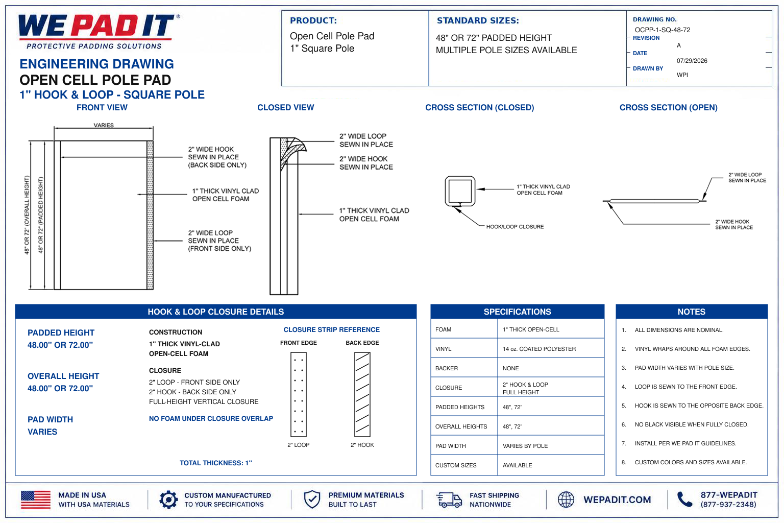 1" THICK OPEN CELL SQUARE POLE PAD