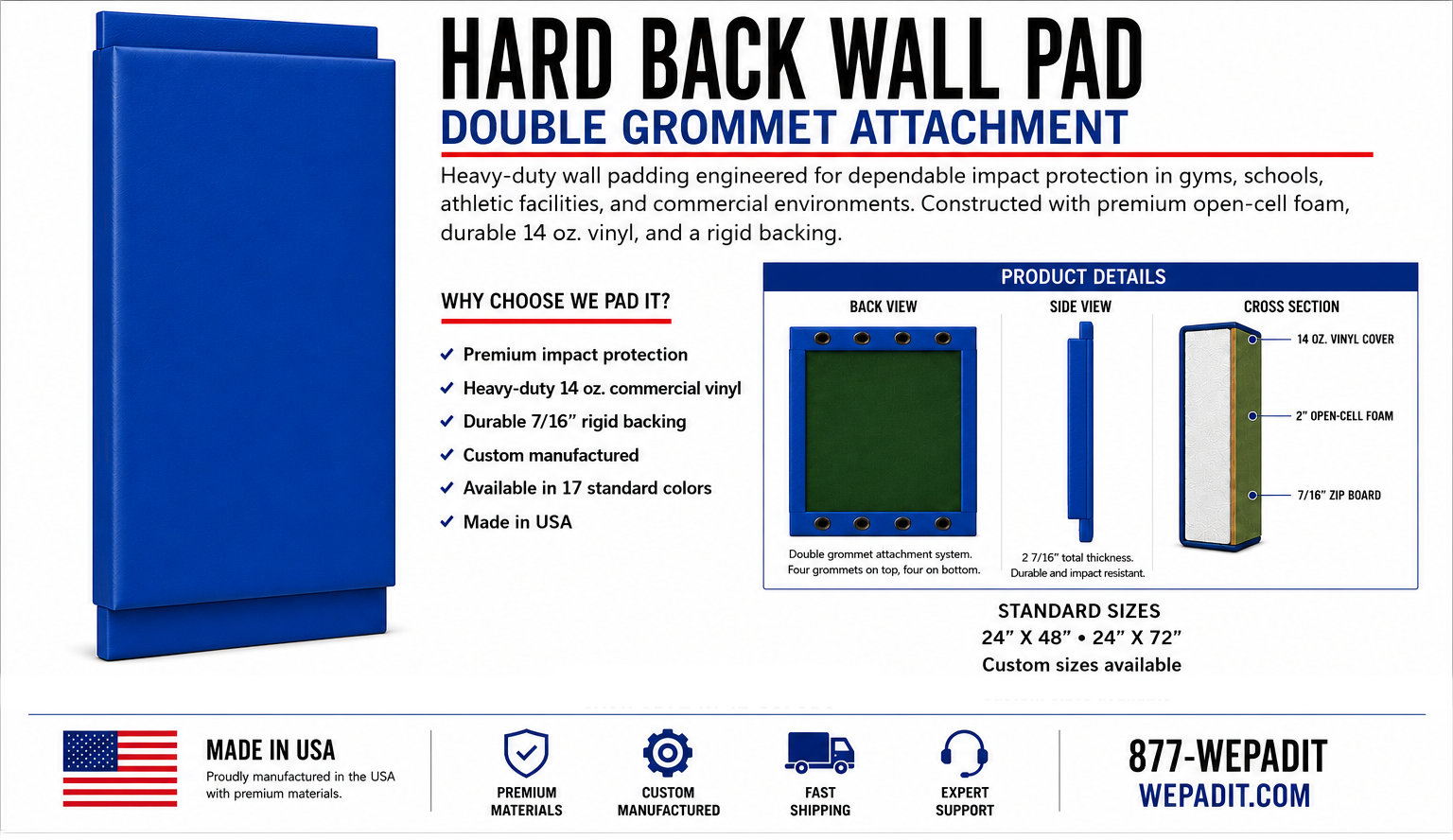 Hard Back Wall Pad | 2" Open-Cell Foam | Custom Made