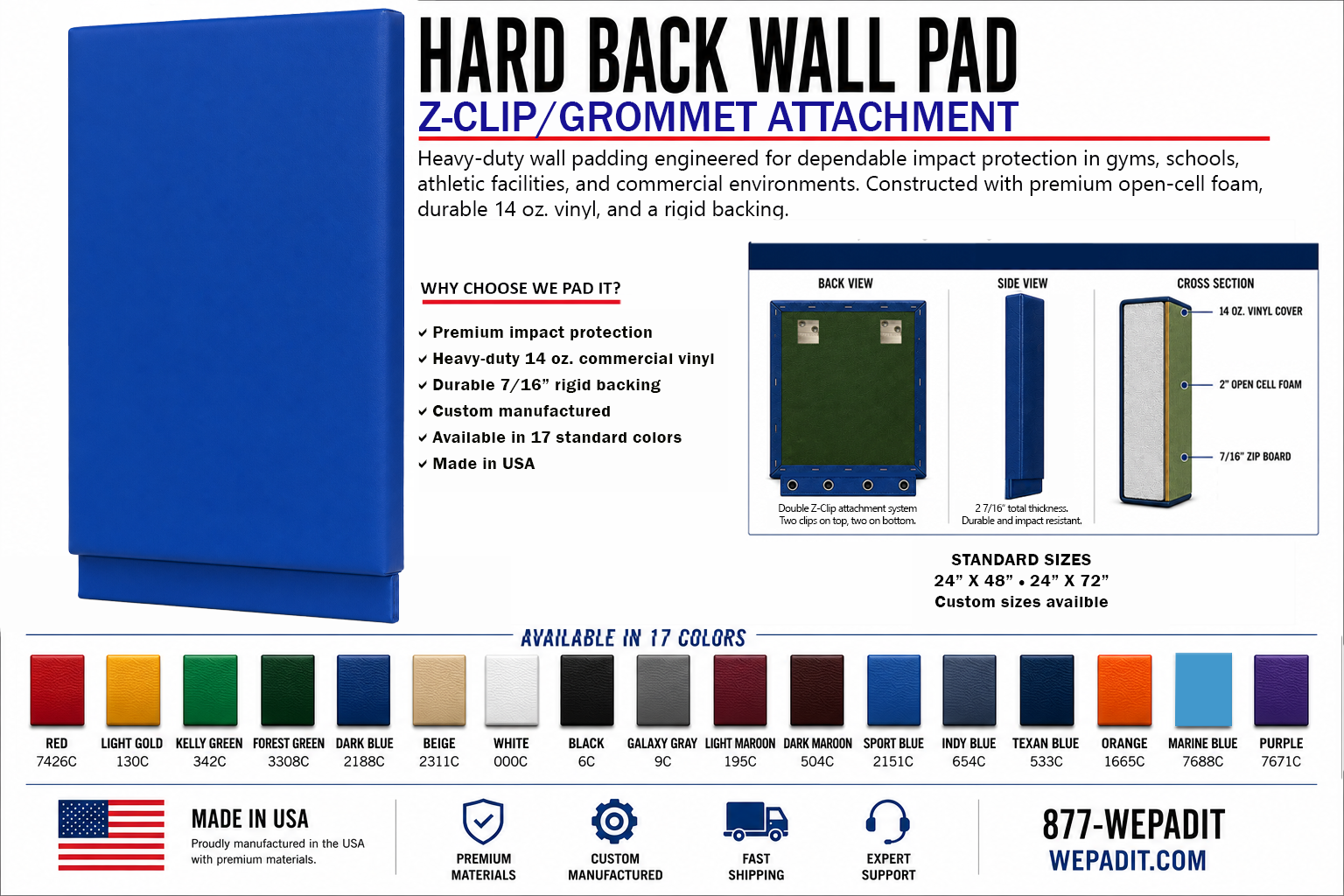 Hard Back Wall Pad | 2" Open-Cell Foam | Custom Made