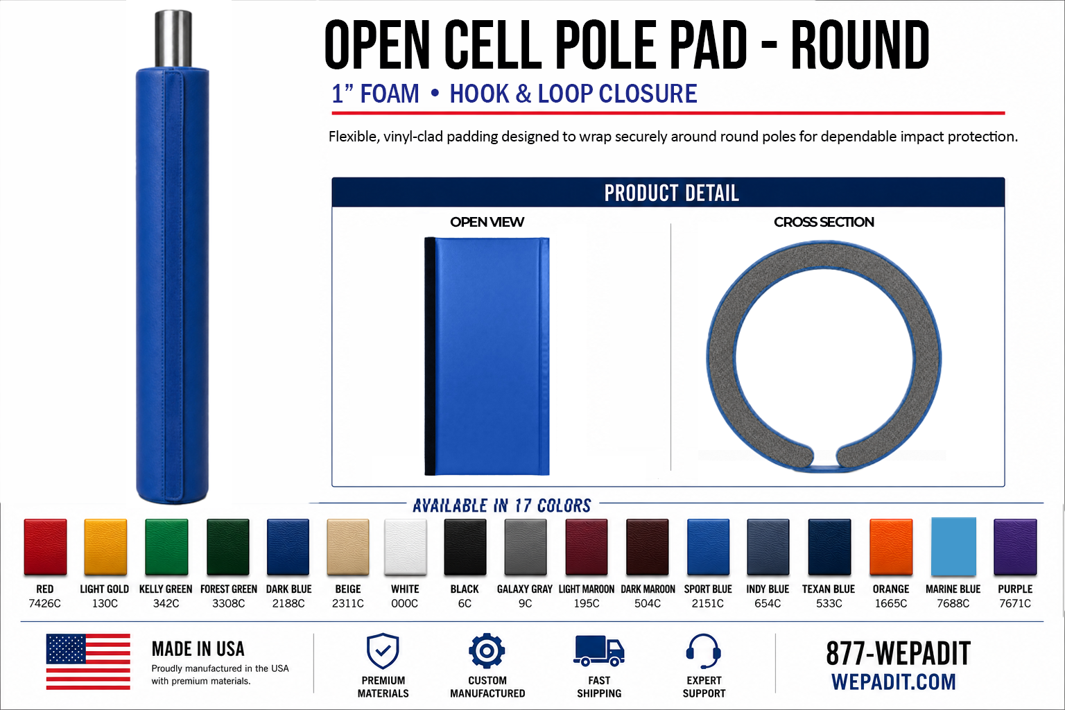 1" THICK OPEN CELL ROUND POLE PAD