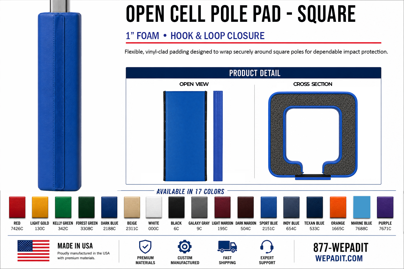 1" THICK OPEN CELL SQUARE POLE PAD