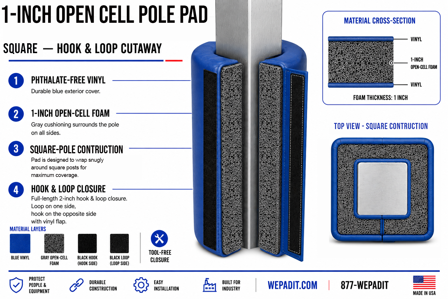 1" THICK OPEN CELL SQUARE POLE PAD