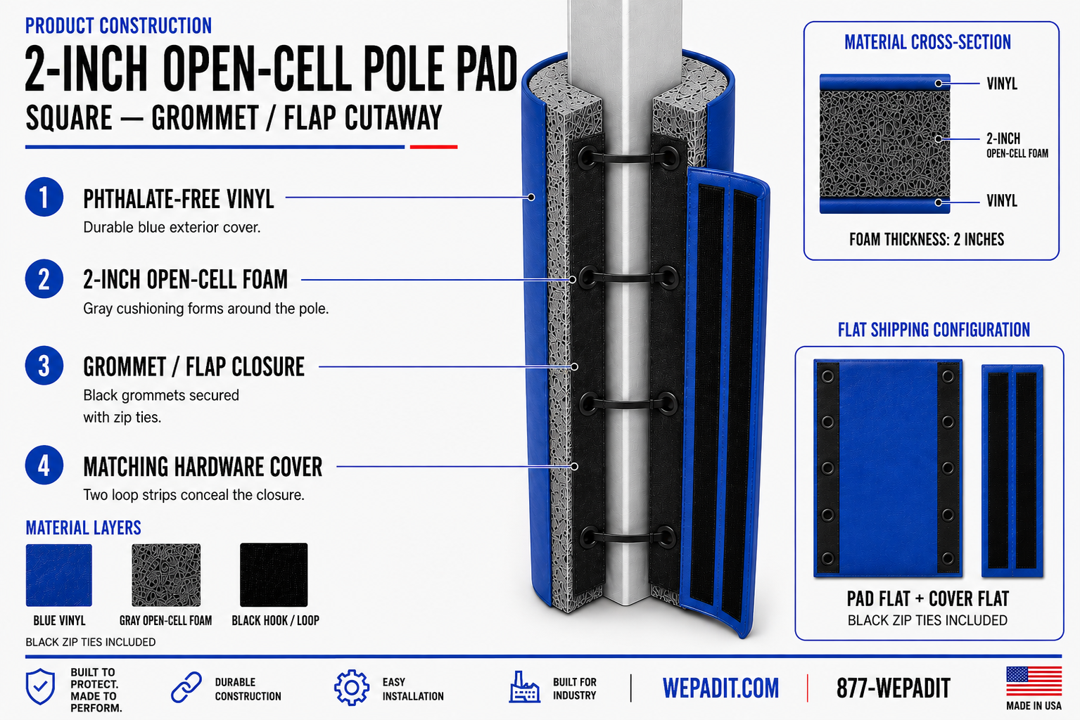 2" THICK OPEN CELL SQUARE POLE PAD